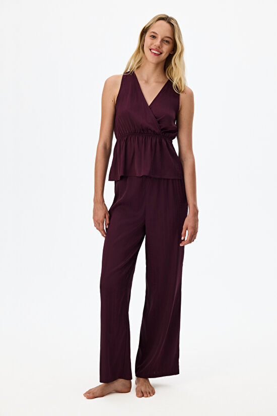 Bordo Aurora Dark Saten Çiçekli Atlet Pijama Üstü - 2