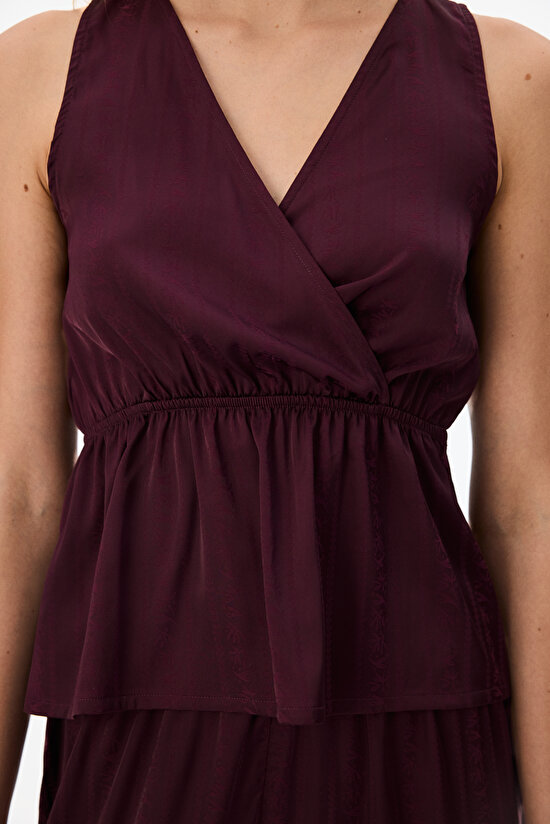 Bordo Aurora Dark Saten Çiçekli Atlet Pijama Üstü - 3