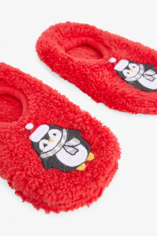 Uniseks Çocuk Kırmızı Penguen Desenli Kaymaz Tabanlı Ev Patiği - 4
