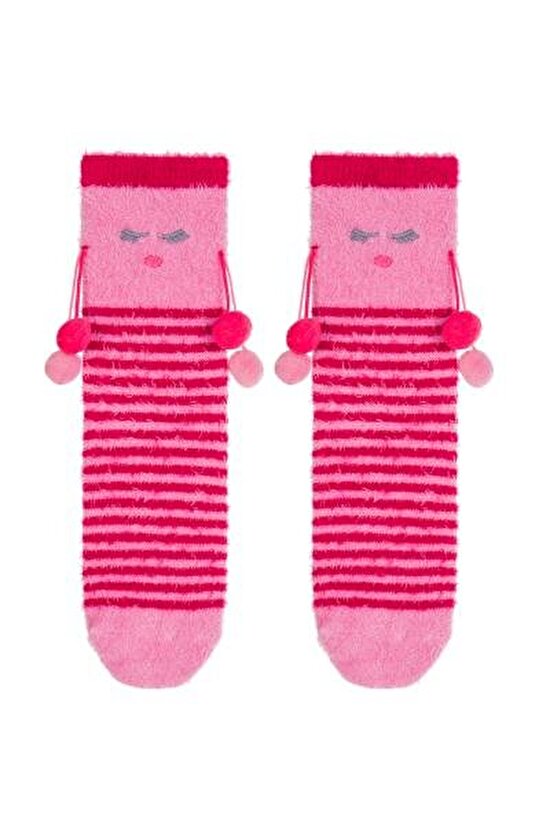Pembe Çizgili Ponponlu Soket Çorap - 1