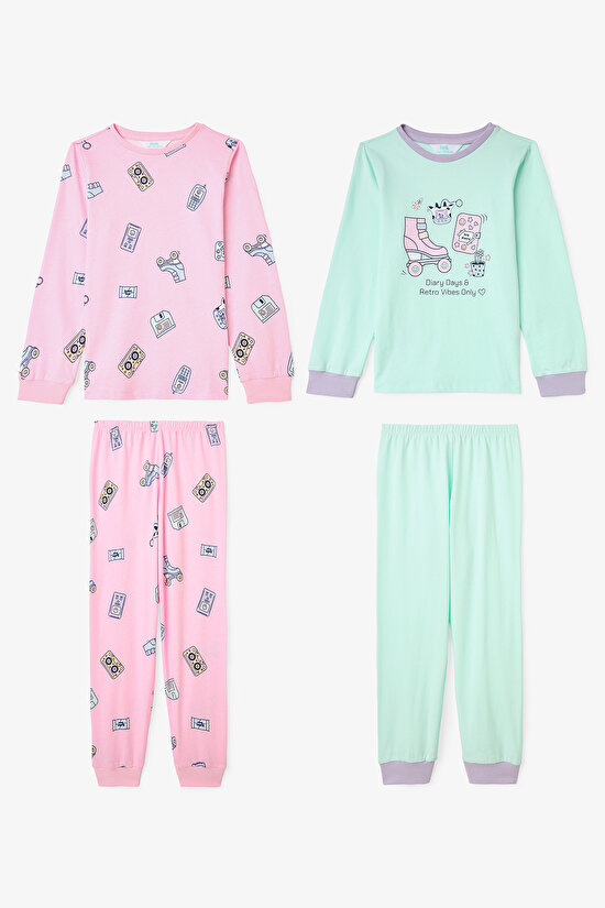 Girls Retro Toy Patterned Cotton Long Sleeve 2-Piece Pajama Set - 1