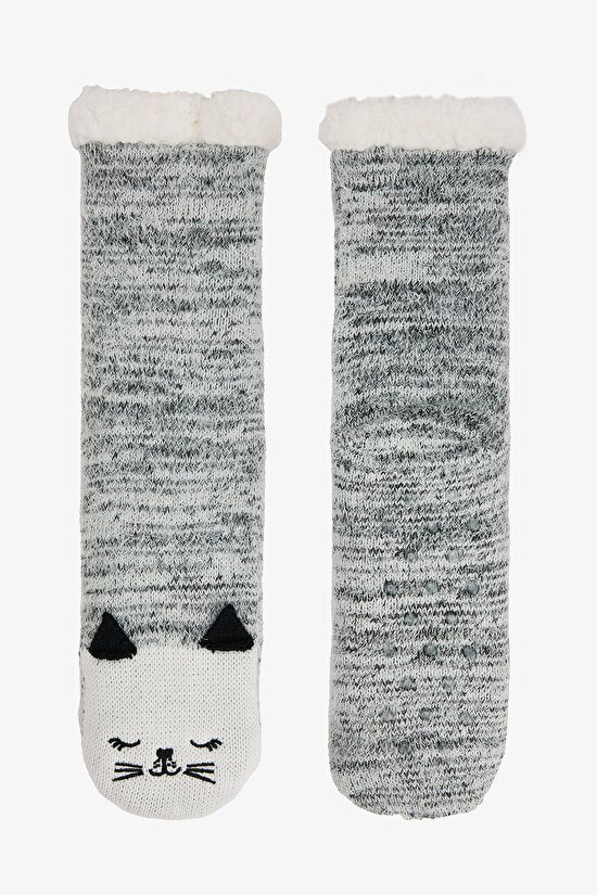 Kırık Beyaz Kedi Nakışlı Pofuduk Ev Patiği - 1