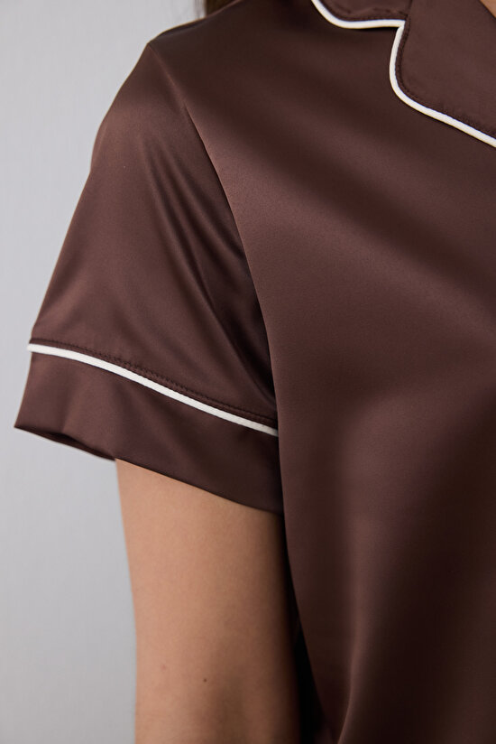 Lilah Saten Gömlek Şort Kahverengi Pijama Takımı - 3