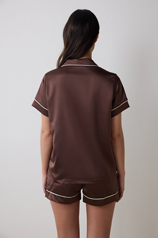 Lilah Saten Gömlek Şort Kahverengi Pijama Takımı - 4