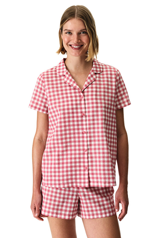 Gül Kurusu Pink Gingham Gömlek Şortlu Pijama Takımı - 1