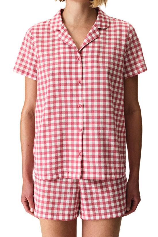 Gül Kurusu Pink Gingham Gömlek Şortlu Pijama Takımı - 3