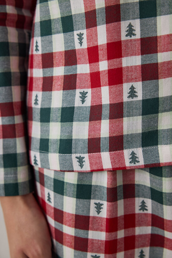 Kırmızı Ekoseli Gömlek Yaka Yılbaşı Pamuklu Pijama Takımı - 5