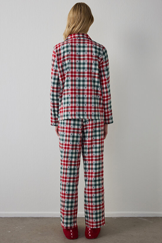 Kırmızı Ekoseli Gömlek Yaka Yılbaşı Pamuklu Pijama Takımı - 6