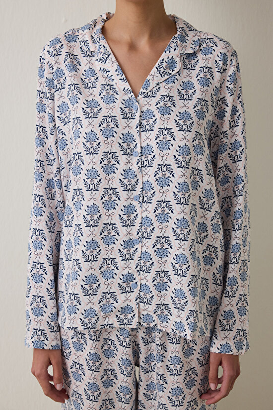 Açık Mavi Blue Flowers Uzun Kollu Gömlek Pijama Takımı Açık Mavi Blue Flowers Uzun Kollu Gömlek Pijama Takımı - 4