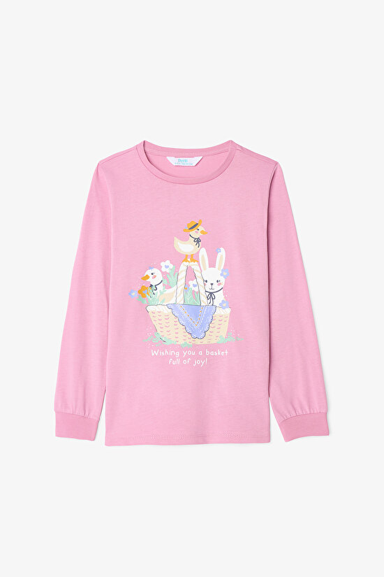 Kız Çocuk Furry Bunny Tavşan Baskılı Pamuklu Uzun Kollu 2'li Pijama Takımı - 3