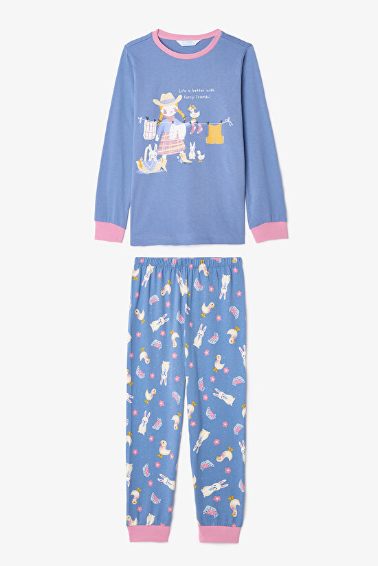 Kız Çocuk Furry Bunny Tavşan Baskılı Pamuklu Uzun Kollu 2'li Pijama Takımı - 5