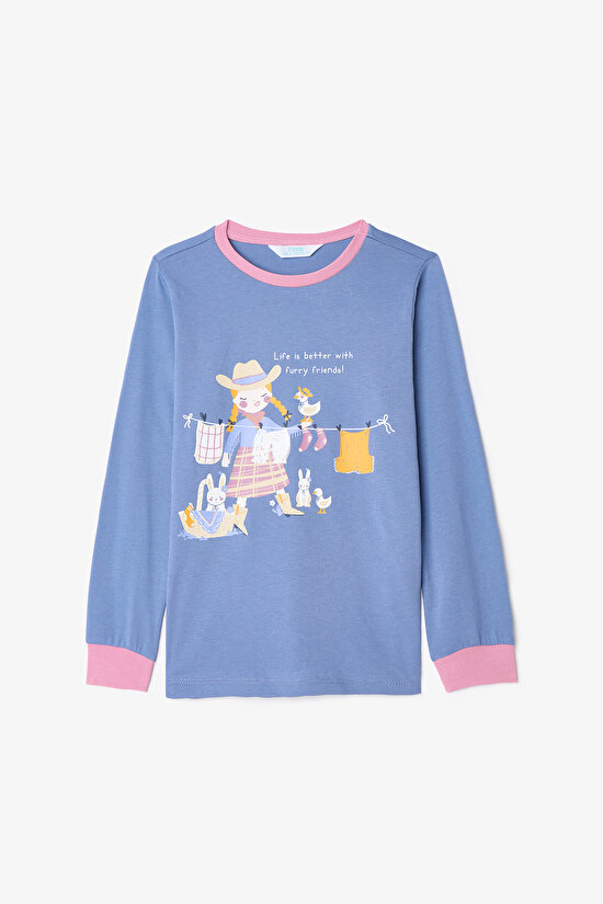 Kız Çocuk Furry Bunny Tavşan Baskılı Pamuklu Uzun Kollu 2'li Pijama Takımı - 6