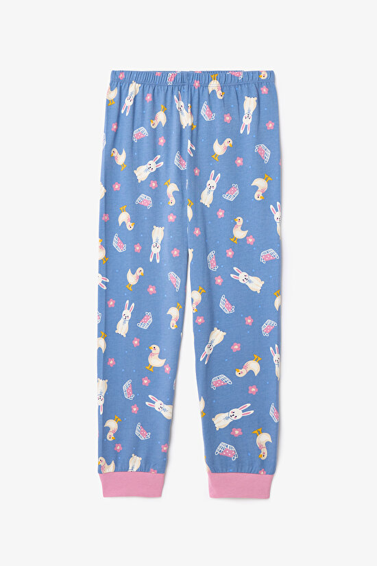 Kız Çocuk Furry Bunny Tavşan Baskılı Pamuklu Uzun Kollu 2'li Pijama Takımı - 7