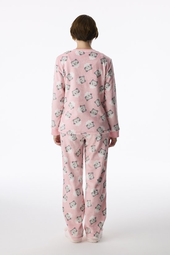 Pink Cute Cat Fluffy Pantolon Cat Print Long Sleeve Pyjama Set - 3