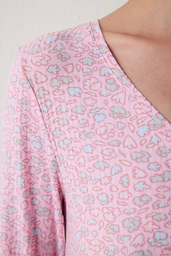 Açık Pembe Not Today Çiçek Desenli Bisiklet Yaka Uzun Kollu Gecelik - 4