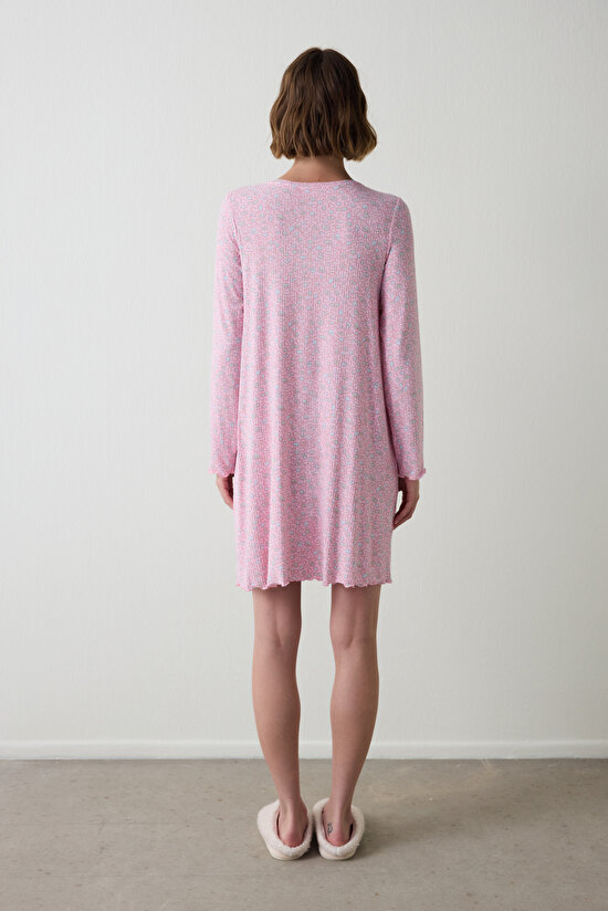 Açık Pembe Not Today Çiçek Desenli Bisiklet Yaka Uzun Kollu Gecelik - 5