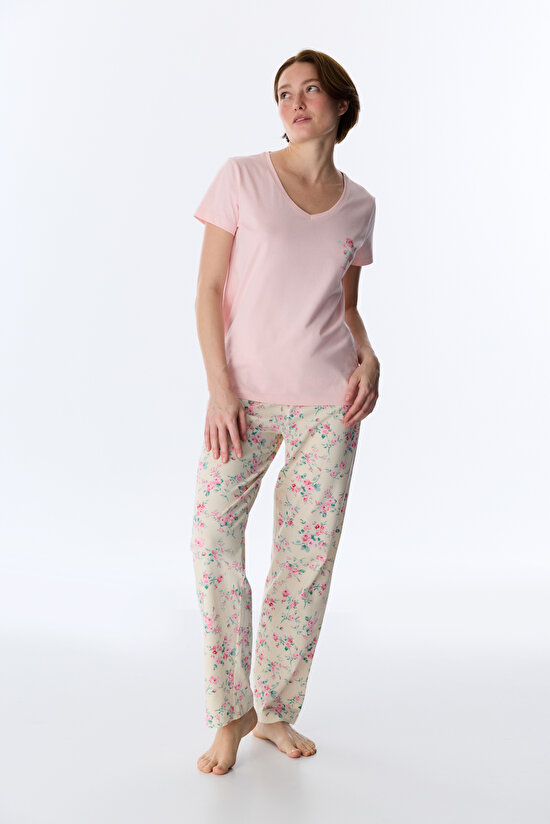 Gül Kurusu Pinkish Floral Pantolon Pijama Takımı - 1