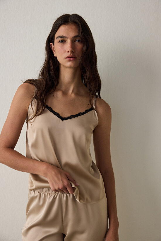 Bej Concept Dantelli Saten V Yaka Ayarlanabilir Askılı Pijama Takımı - 3