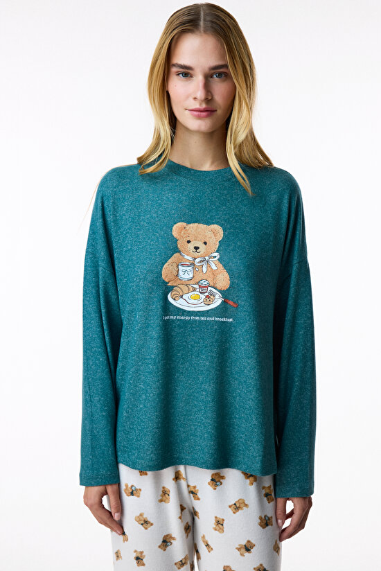 Yeşil Happy Bear Uzun Kollu Pijama Üstü - 1