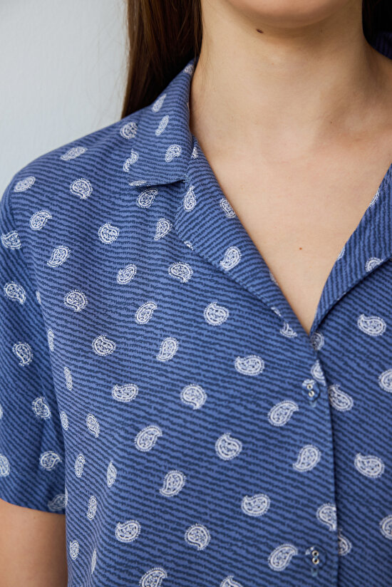 Indigo Hailee Floral Patterned Shirt Collar Short Sleeve Pajama Set Indigo Hailee Floral Patterned Shirt Collar Short Sleeve Pajama Set - 3