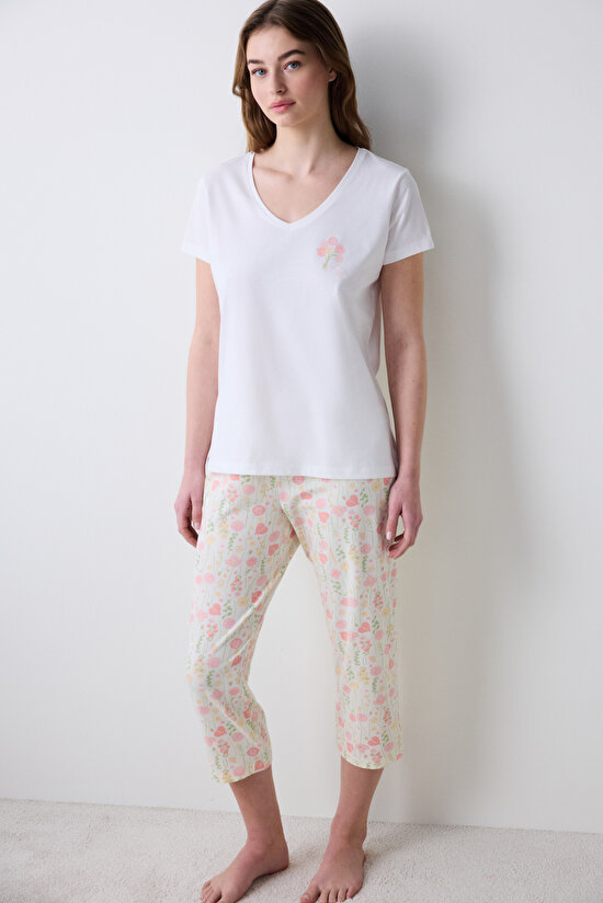 Cute Floral Çok Renkli Kapri Pijama Takımı - 1