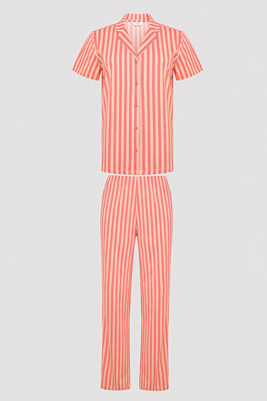 Base Rosy Stripes Gül Rengi Gömlek Pantolon Pijama Takımı - 6