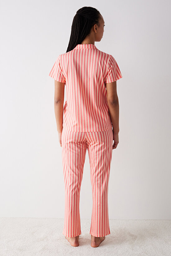 Base Rosy Stripes Gül Rengi Gömlek Pantolon Pijama Takımı - 4