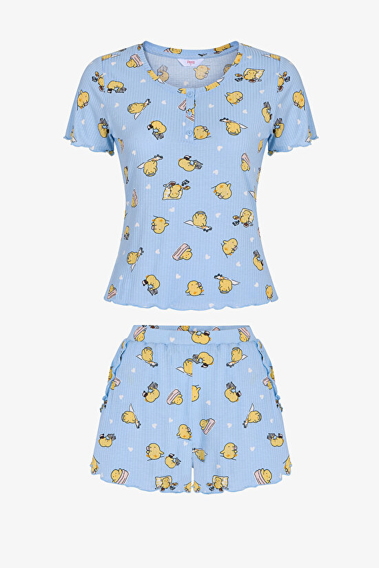 Açık Mavi Happine Rib Şortlu Pijama Takımı - 1