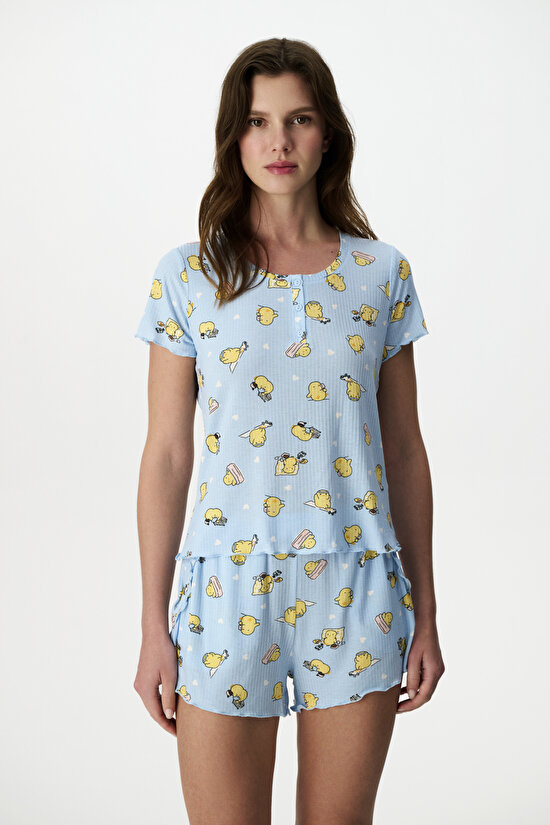 Light Blue Happine Ribbed Shorts Pajama Set - 2