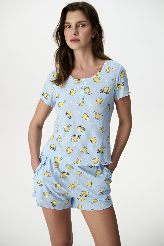 Light Blue Happine Ribbed Shorts Pajama Set - 3