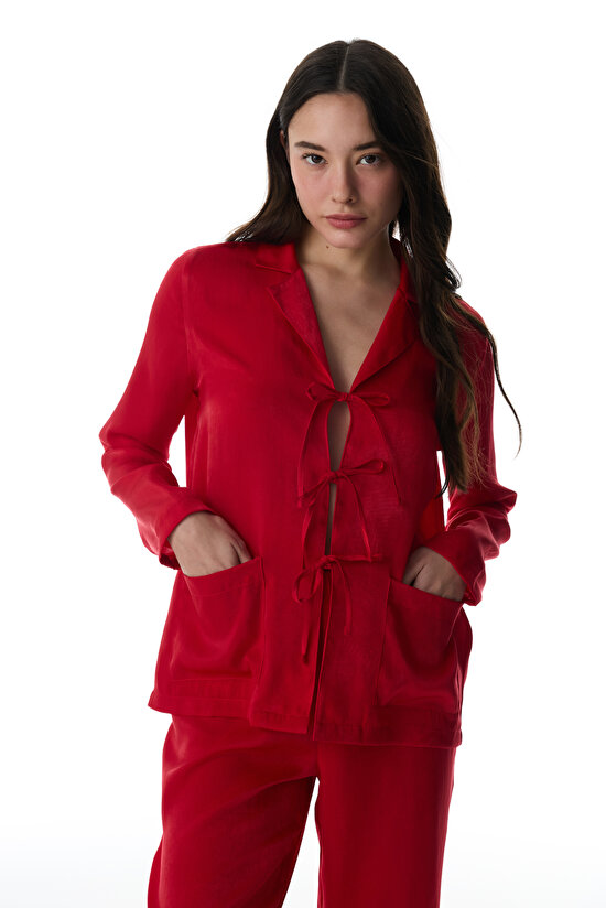 Kırmızı Bella Saten Gömlek Pantolon Pijama Takımı - 3