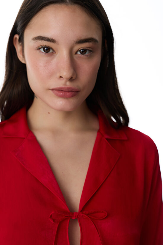 Kırmızı Bella Saten Gömlek Pantolon Pijama Takımı - 4