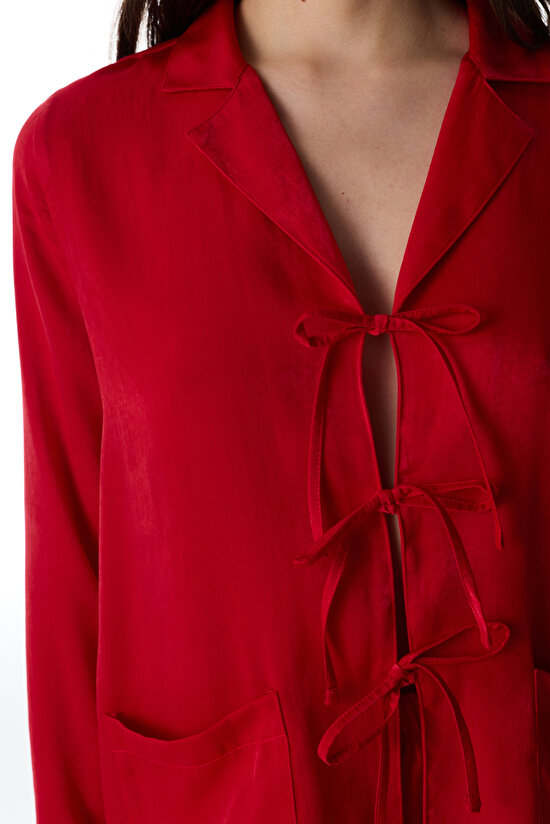 Kırmızı Bella Saten Gömlek Pantolon Pijama Takımı - 5