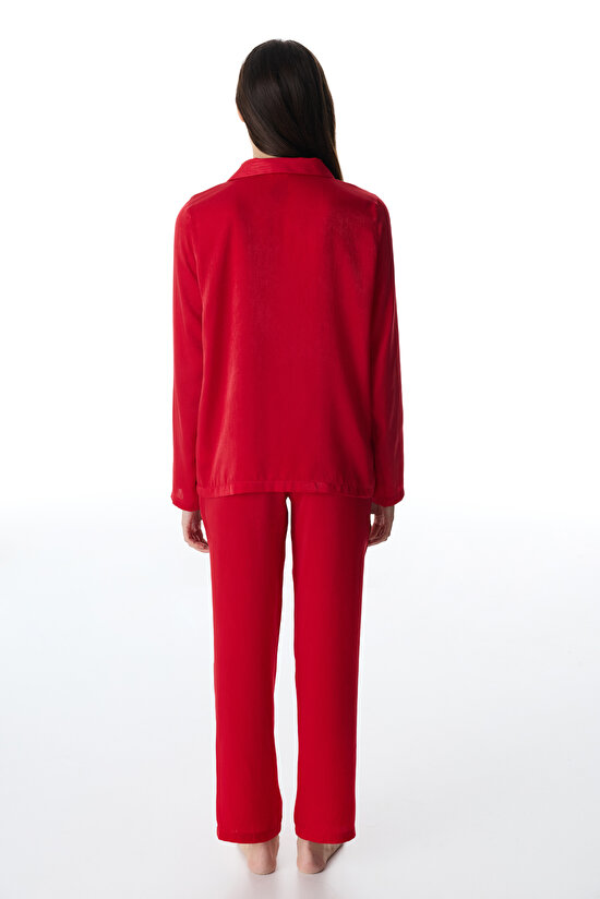Kırmızı Bella Saten Gömlek Pantolon Pijama Takımı - 6