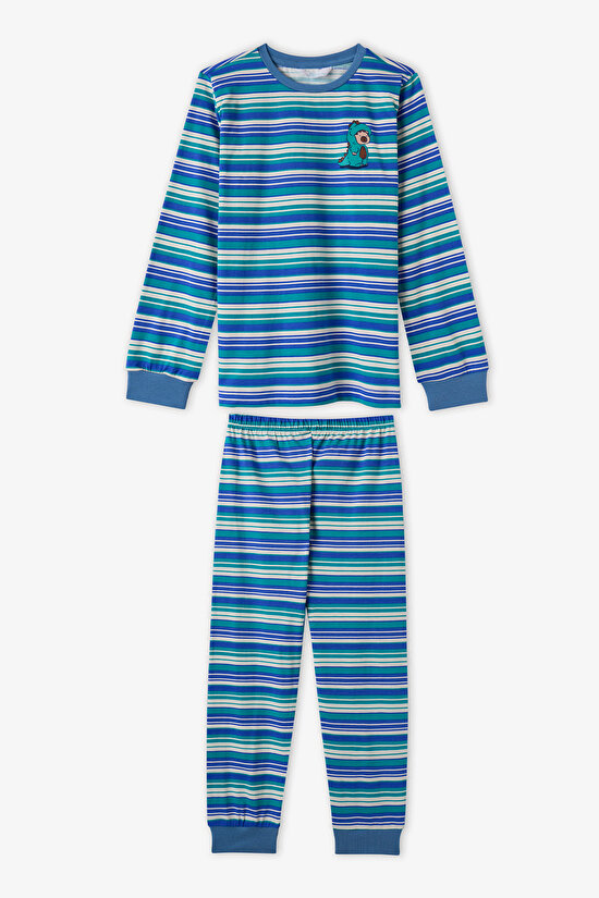 Erkek Çocuk Mavi Çizgili Lovers Pamuklu Uzun Kollu 2'li Pijama Takımı - 2