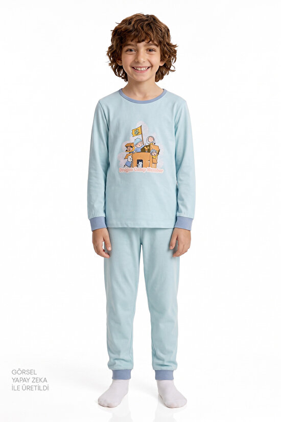 Erkek Çocuk Mavi Dragon Camp Members Pamuklu Uzun Kollu 2'li Pijama Takımı - 1