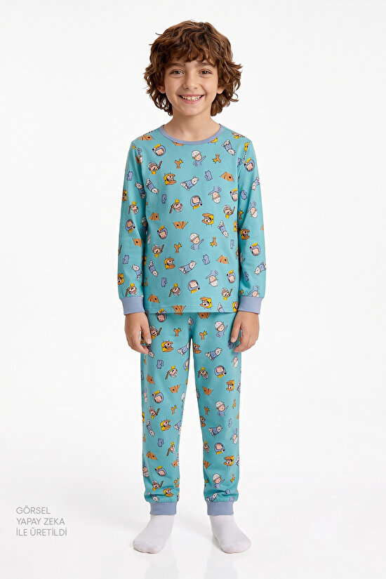 Erkek Çocuk Mavi Dragon Camp Members Pamuklu Uzun Kollu 2'li Pijama Takımı - 3