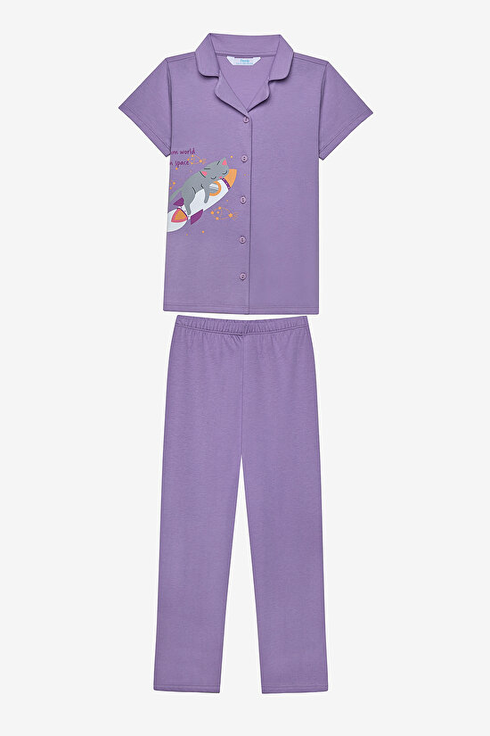 Girls Cat Shirt Lilac PJ Set - 1