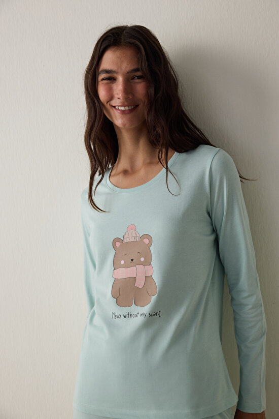 Mint Ent Scarf Crew Neck Long Sleeve Slogan Printed Pajama Set Mint Ent Scarf Crew Neck Long Sleeve Slogan Printed Pajama Set - 3