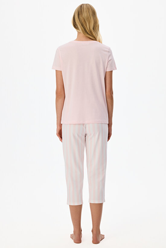 Pembe Slow Days Çizgili Kısa Kollu Kapri Pijama Takımı - 1