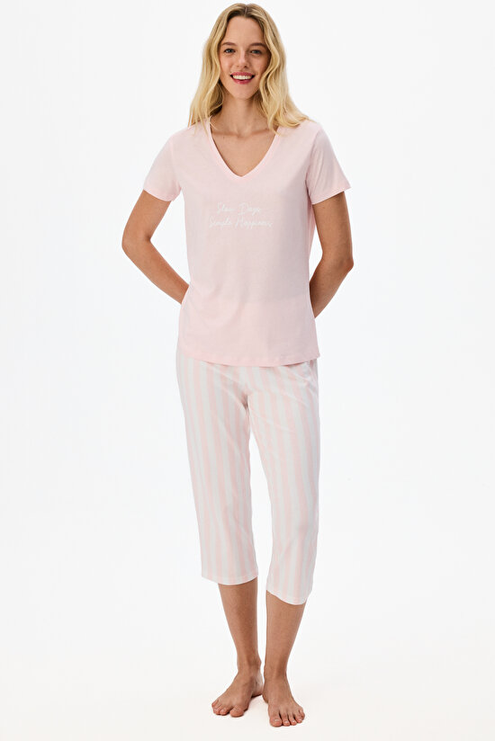 Pembe Slow Days Çizgili Kısa Kollu Kapri Pijama Takımı - 3