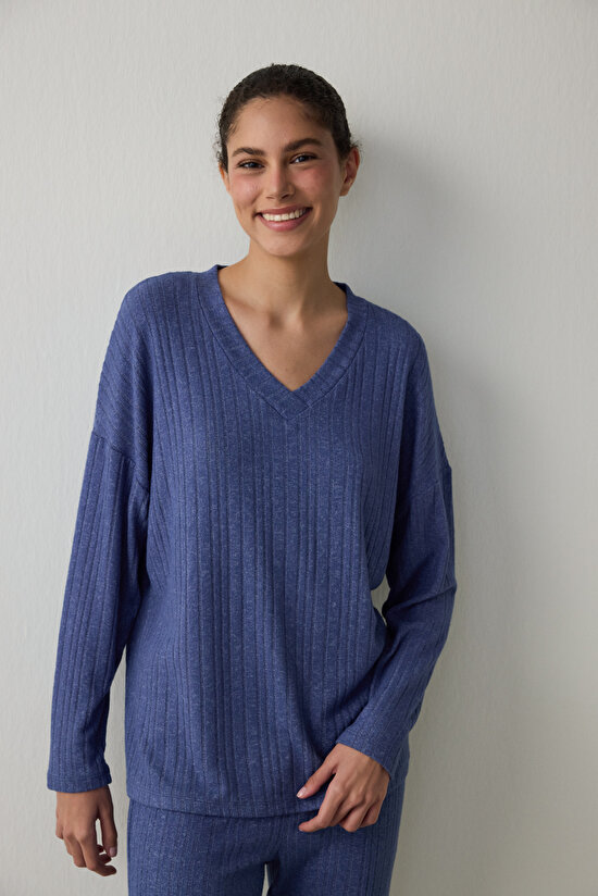 Lacivert Cozy V Yaka Uzun Kol Pijama Takımı - 2