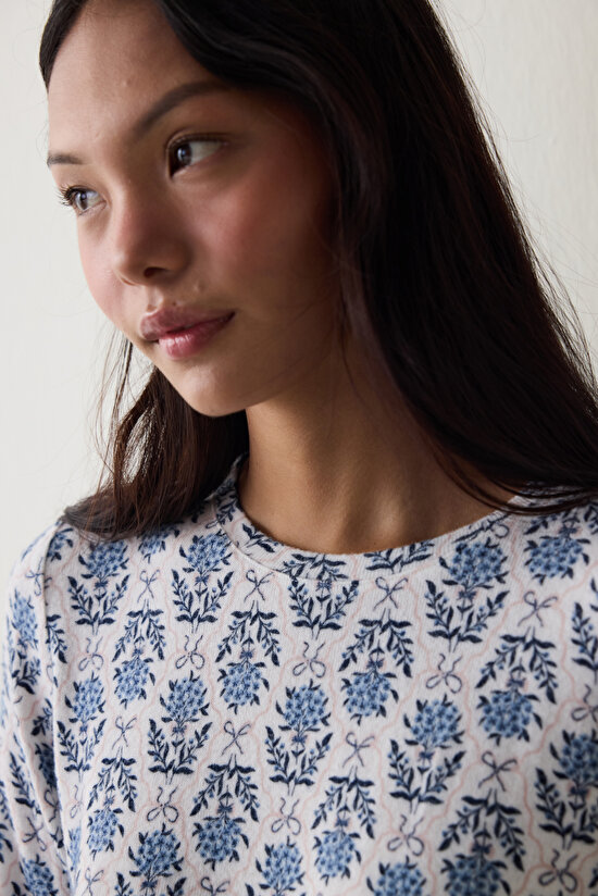 Çiçek Baskılı Tea Time Termal Etkisi Sweatshirt Pijama Üstü - 3