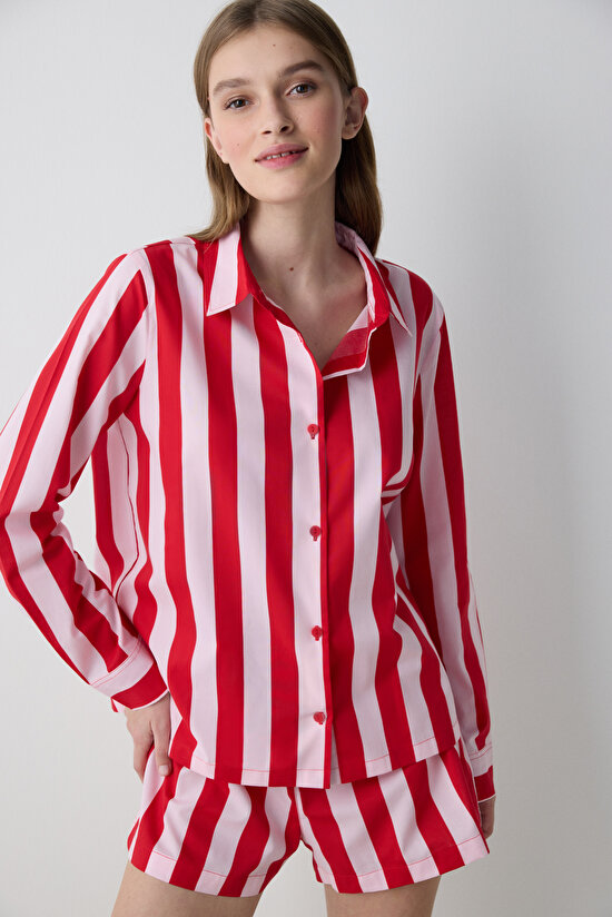 Lilah Striped Gömlek Şort Çizgili Kırmızı Pijama Takımı - Penti Loves Paris Koleksiyonu - 3