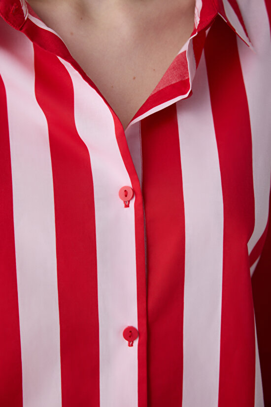 Lilah Striped Gömlek Şort Çizgili Kırmızı Pijama Takımı - Penti Loves Paris Koleksiyonu - 4