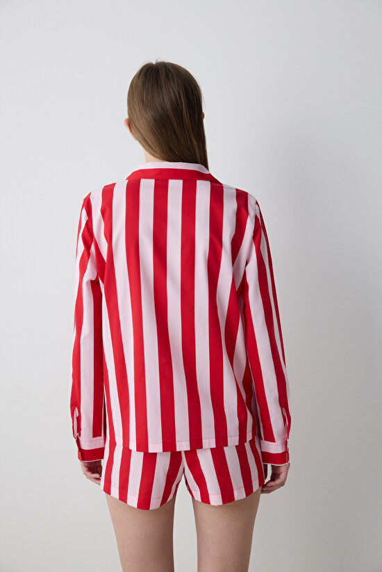 Lilah Striped Gömlek Şort Çizgili Kırmızı Pijama Takımı - Penti Loves Paris Koleksiyonu - 6