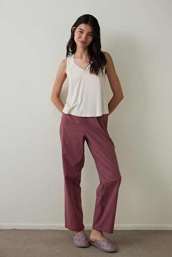 Bordo Freya Ekoseli Pamuklu Pijama Altı - 5