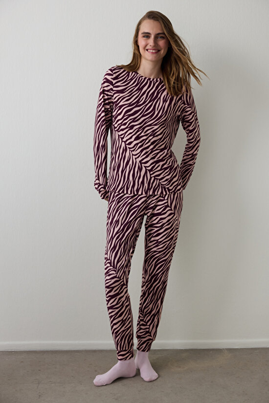 Bordo Zebra Desenli Bisiklet Yaka Uzun Kollu Pijama Takımı - 1