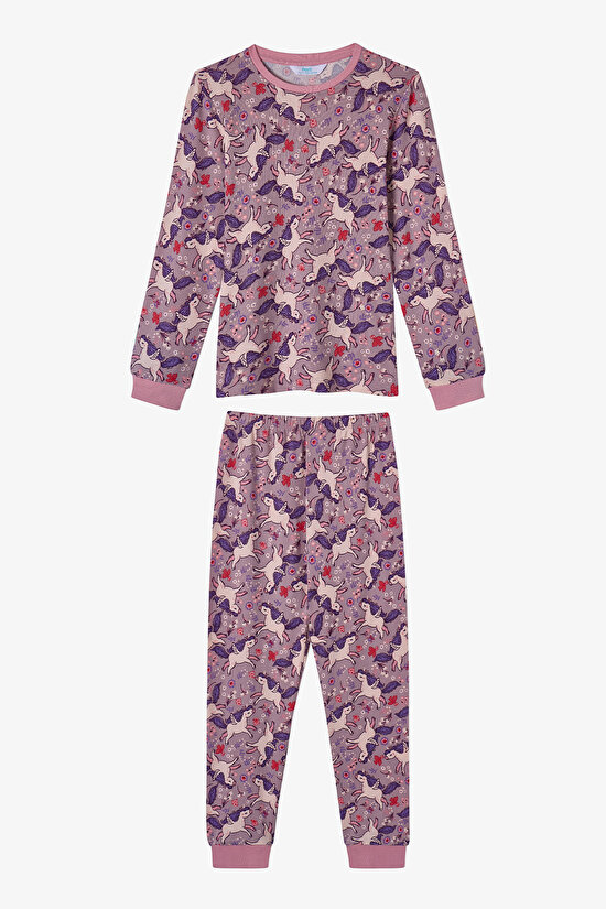 Kız Çocuk Lila Star Unicorn Uzun Kollu Pijama Takımı - 1