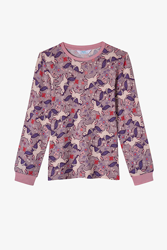 Kız Çocuk Lila Star Unicorn Uzun Kollu Pijama Takımı - 2